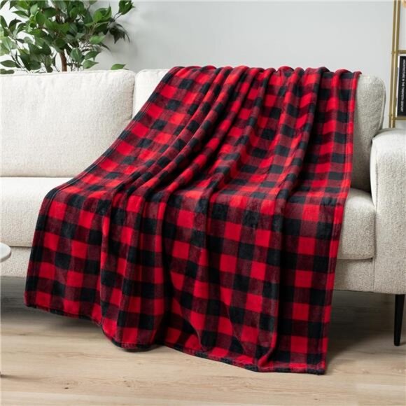 PAVILIA Black and Red Buffalo Plaid Fleece Throw Blanket for Couch, Soft - Picture 1 of 7